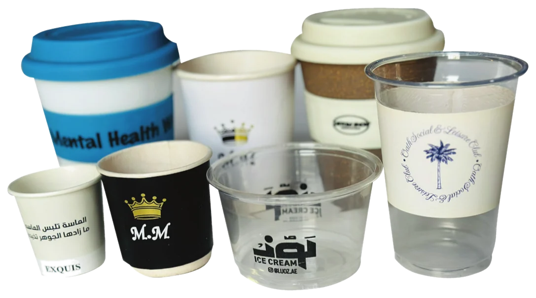 Printed paper and plastic cups, single wall, double wall and lidded
